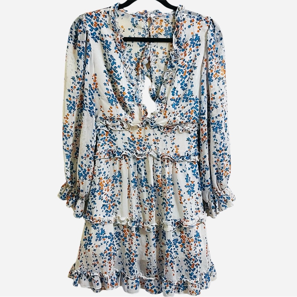 Orange Blue Ruffled Tiered Sundress Plunge Neckline Bishop sleeve Coastal Small